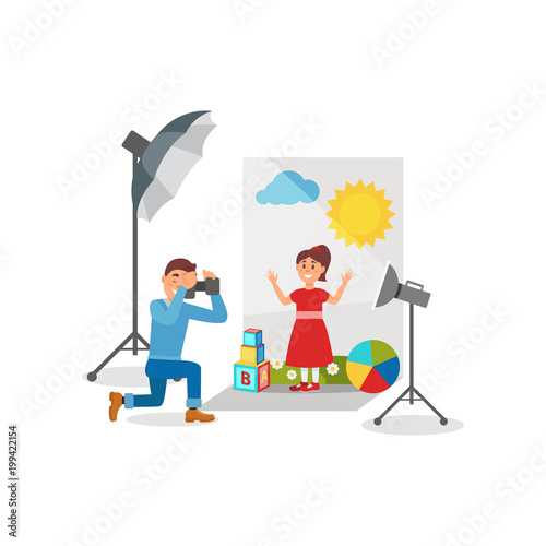 Cute girl in red dress at photo session, photographer making photos in photo studio vector Illustration