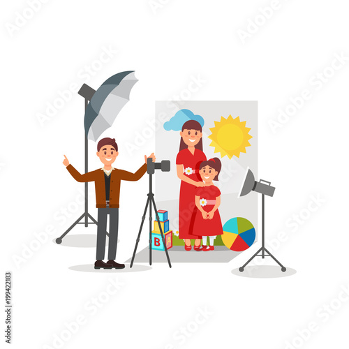 Mother and her daughter posing in photo studio, photographer during shooting vector Illustration
