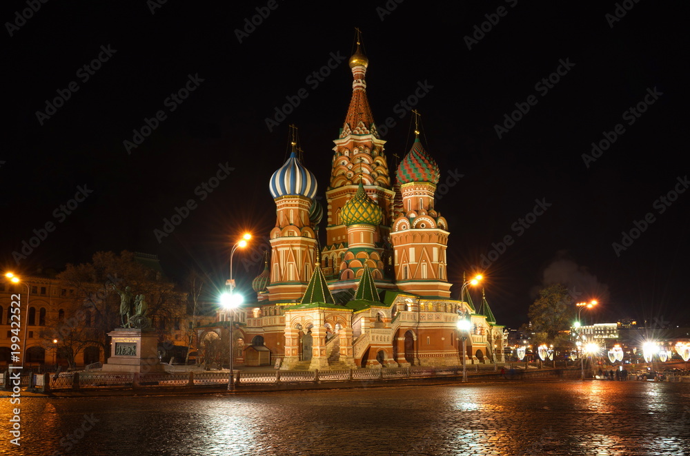 Cathedral of the Intercession of the blessed virgin, that on the Moat (St. Basil's Cathedral) in the winter evening, Moscow, Russia