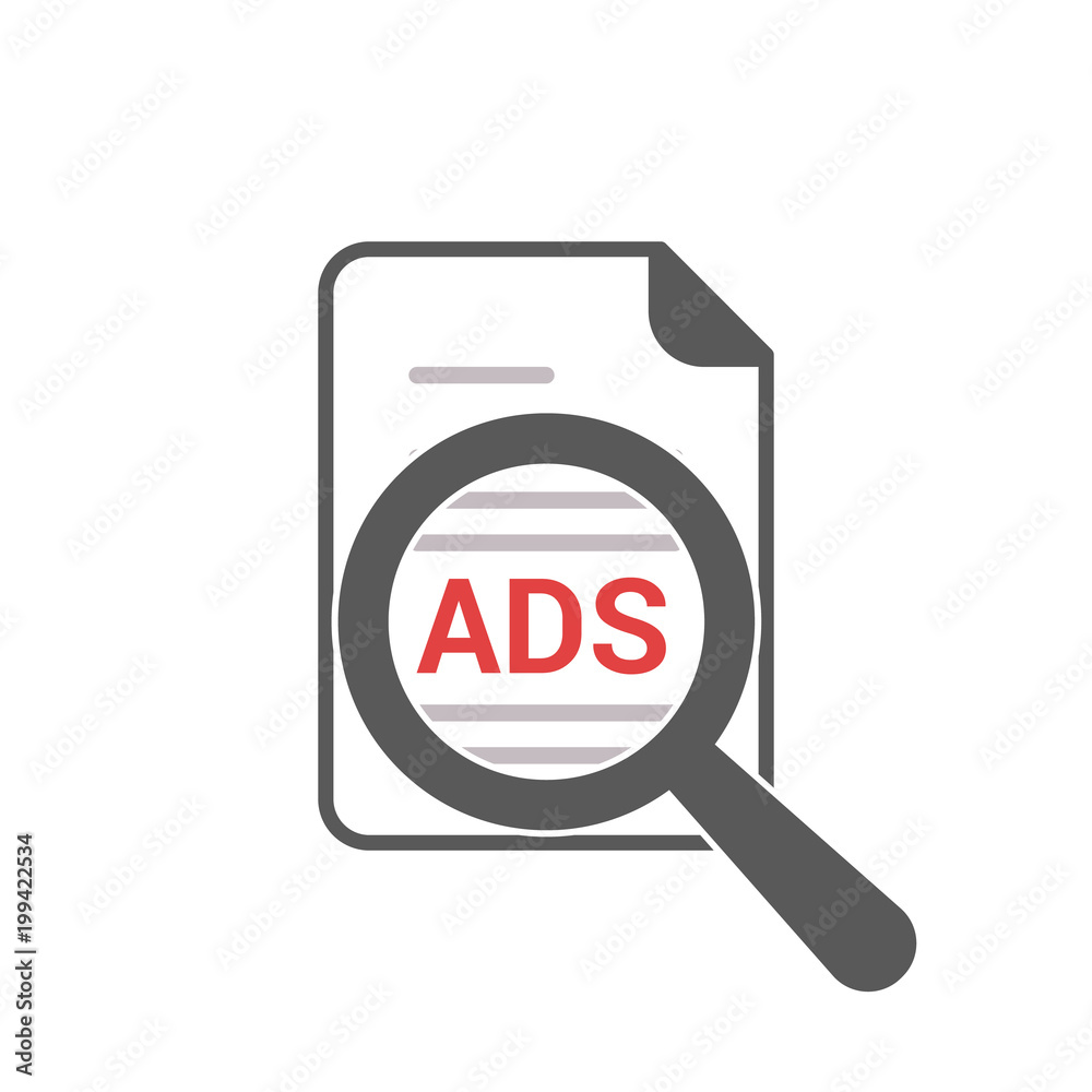 Advertising Concept: Magnifying Optical Glass With Words Ads Advertising Concept: Magnifying Optical Glass With Words Ads