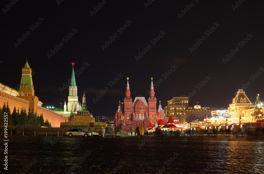 Moscow, Russia - January 10, 2018: Evening view of Red square, Moscow Kremlin and Historical Museum