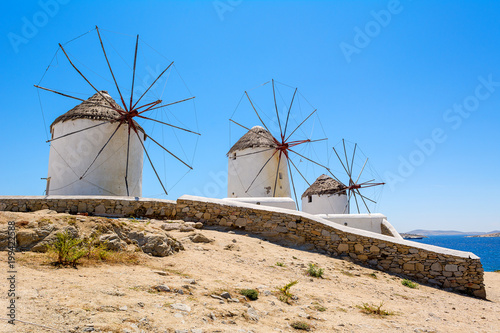 Famous traditional windmills on Mykonos island. The windmills can be seen from every point of the village of Mykonos. Greece