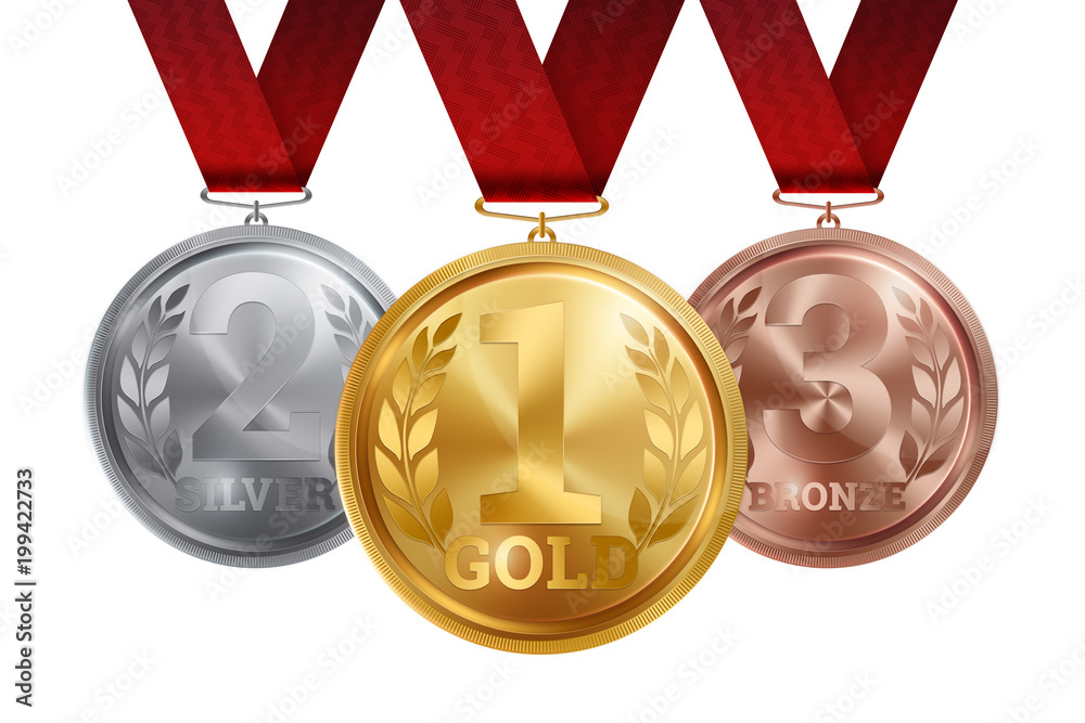 A set of gold, silver and bronze medals, the first, second and third ...