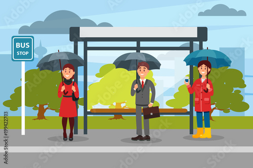 People with umbrellas waiting for bus at the bus stop vector ilustration
