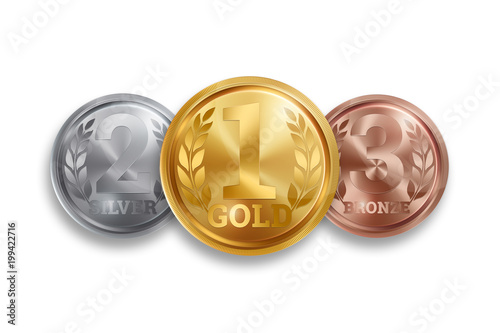 A set of gold, silver and bronze medals, the first, second and third place. Winner, champion, number one, two, three. Red ribbon. Isolated on white background. Realistic illustration. Sports theme.