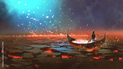 fantasy świat scenerii przedstawiający chłopca wiosłującego łodzią w krainie wulkanicznej, cyfrowej sztuki, malowanie ilustracji