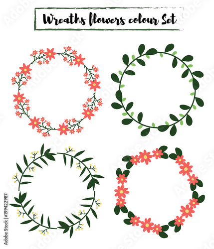 Four floral and leaves color wreaths. Vector design elements set.