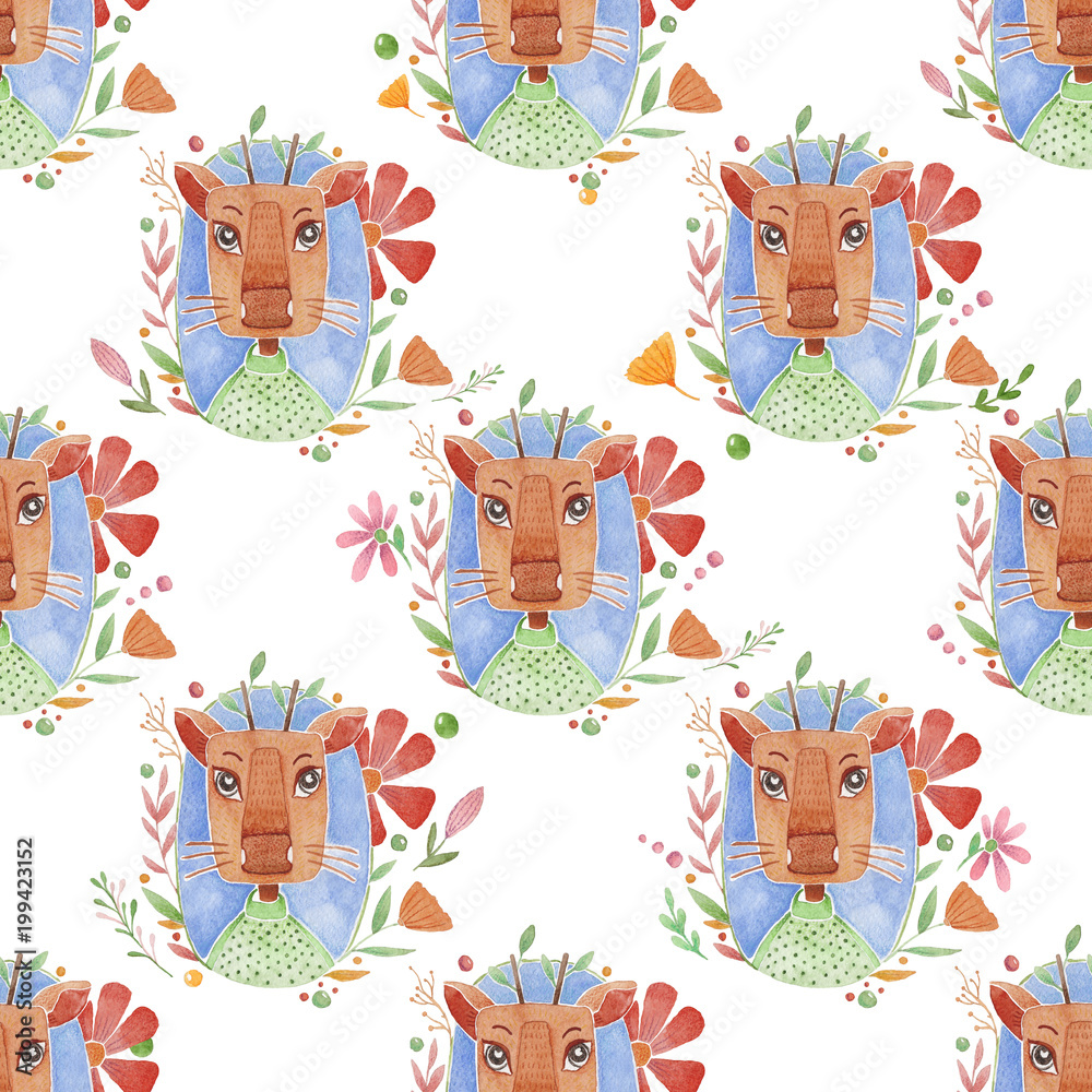 Watercolor pattern animal face cute deer . Watercolor pattern animal face cute deer .