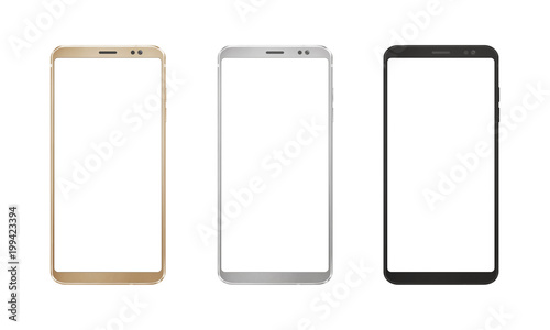 Gold, silver and black smart phone with round edges on isolated white background.
