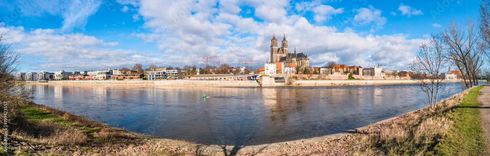 Panoramic view of Elbe, cathedral, old and modern town in Magdeburg