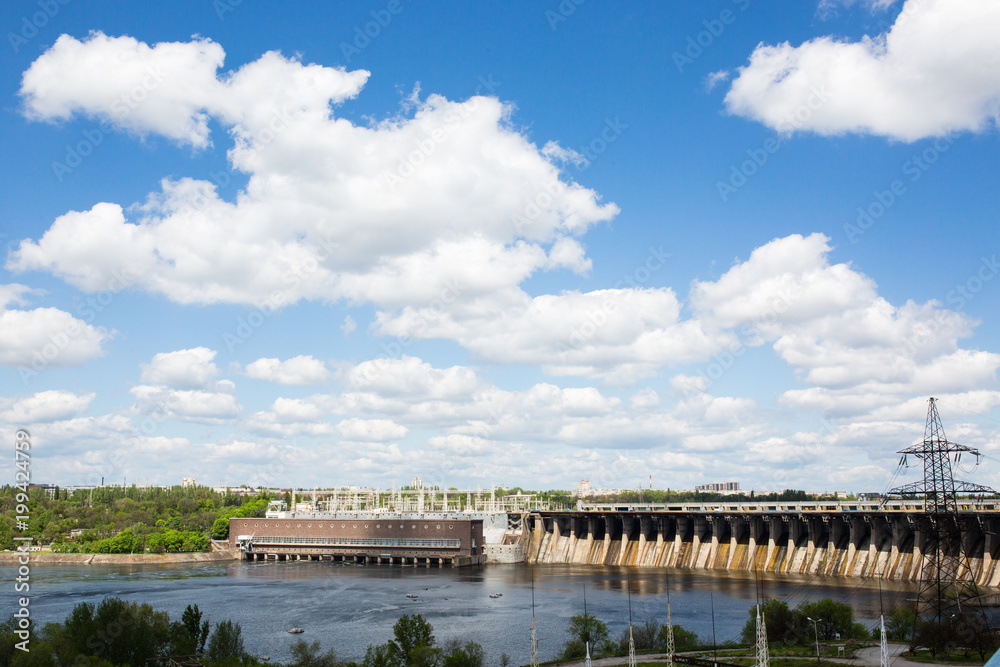 View of the huge hydroelectric power station Dniproges in the city of Zaporizhzhya