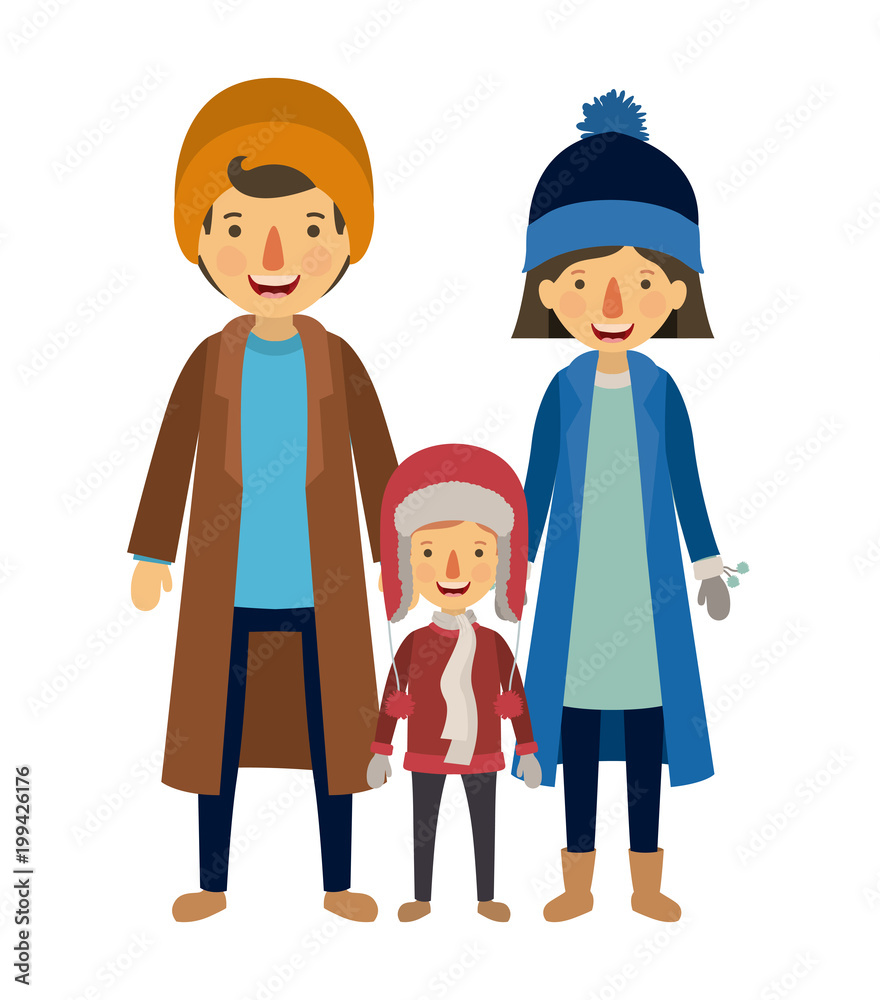 parents and son with winter clothes
