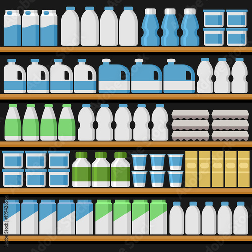 Supermarket. Shelfs Shelves with Products and Drinks. Vector
