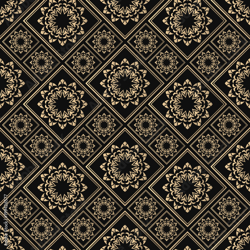 Islamic vector design. Seamless pattern oriental ornament. Black and golden textile print. Floral tiles.