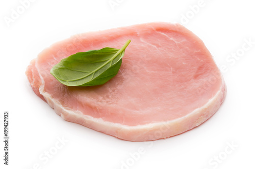 Fresh raw beef steak isolated on white background, top view.