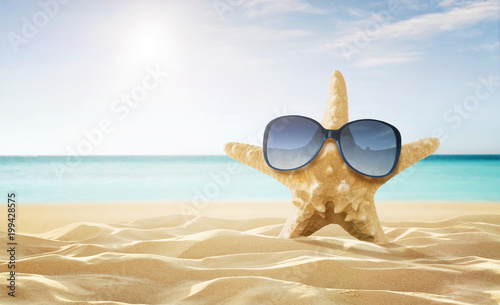 Summer background. Happy starfish enjoy the sun at the empty tropical beach with copy space