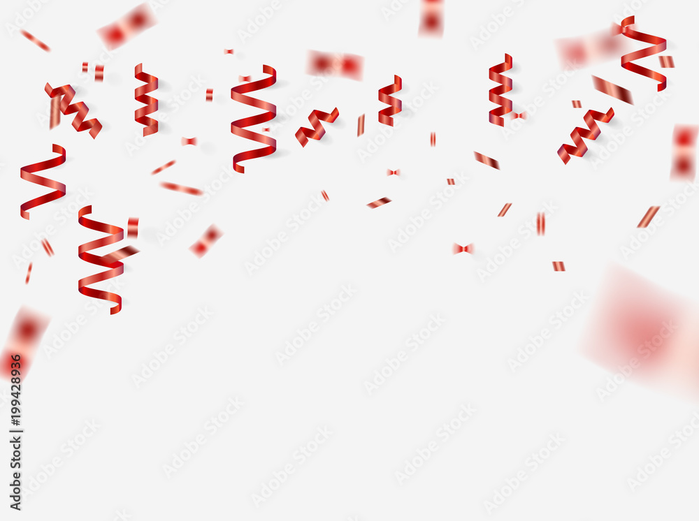 shiny red ribbons and drop confetti on white background shiny red ribbons and drop confetti on white background