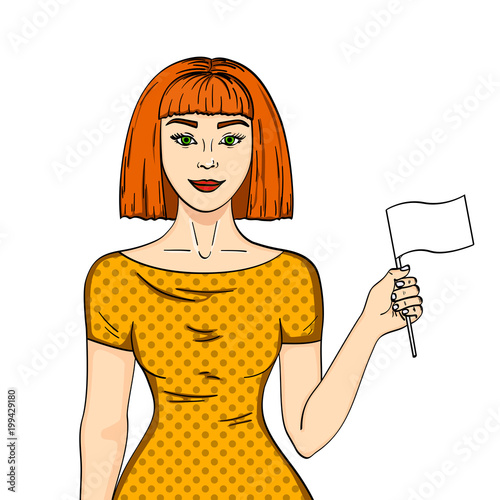 Pop art Red haired girl with a white flag. Woman abandoned her position Comic style imitation. Object on white background