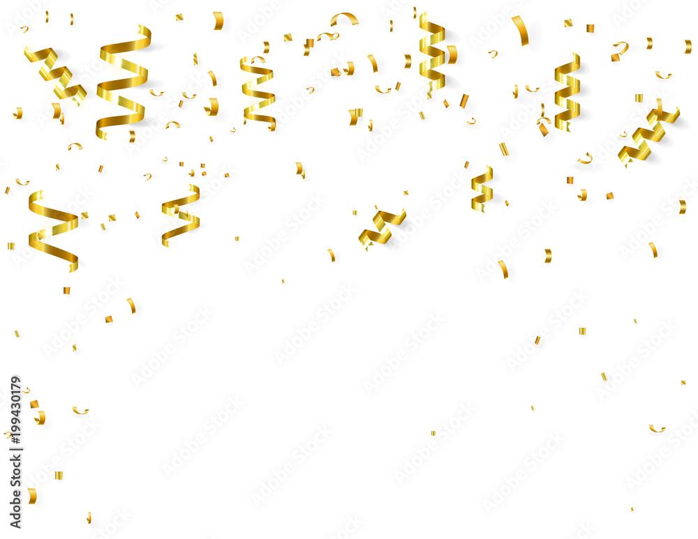 Obraz premium gold ribbons and confetti on white background