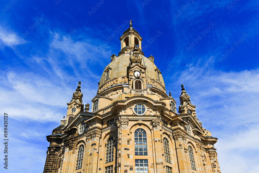 Dresden Frauenkirche (Church of Our Lady) is Lutheran Church of Saxony, Dresden, Germany. Baroque building, Protestant architecture, dome 