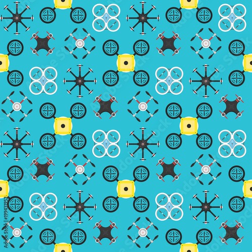 Vector illustration aerial vehicle drone seamless pattern background quadcopter surveillance air hovering wireless tool remote control fly camera.
