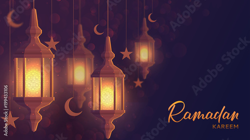 Festive banner design for Ramadan Kareem. Beautiful greeting card template with lantern or fanoos in paper art style. Vector illustration with calligraphy lettering.