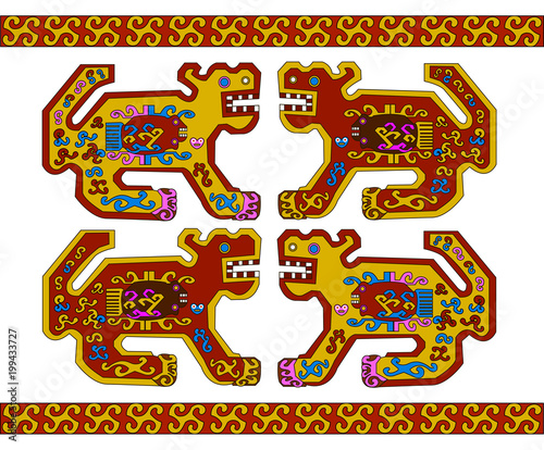 Jaguar. Ethnic patterns of Native Americans: the Aztec, Inca, Maya, Alaska Indians (Mexico, Ecuador, Peru). Drawing in the Mexican style. Vector illustration.