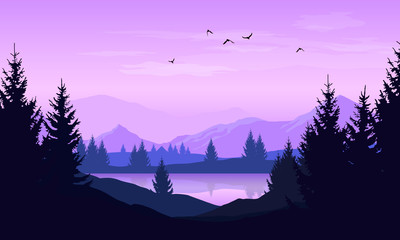 Papier peint photo Pourpre Vector cartoon landscape with purple silhouettes of trees, mountains and lake  © Kateina