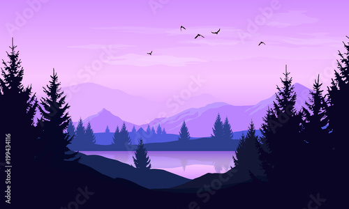 Vector cartoon landscape with purple silhouettes of trees, mountains and lake