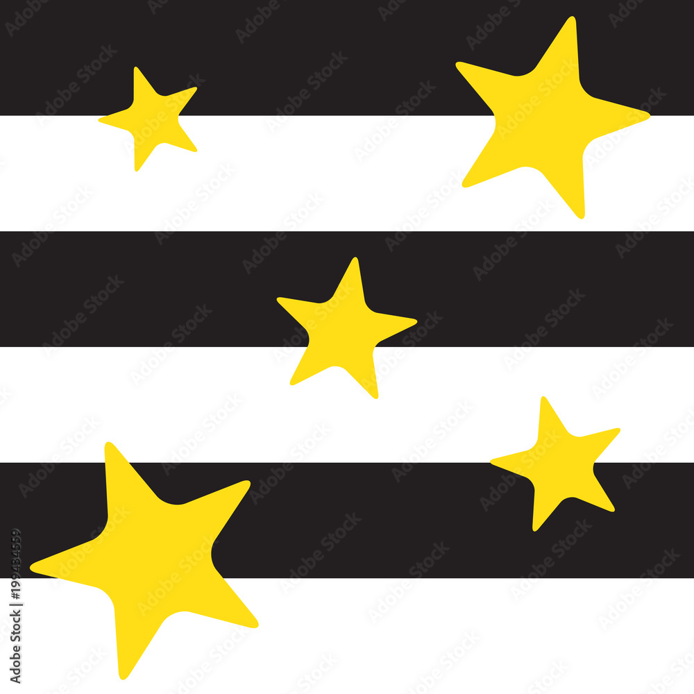 Obraz premium Black and white stripes seamless pattern with scattered yellow stars. Modern geometric background, creative design cards. Trendy concept.