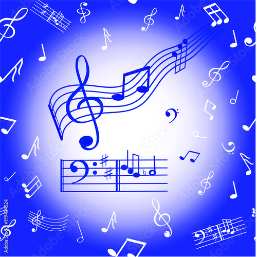 This is a remarkable musical pattern - from notes, violin and bass keys. Background blue. Can be used to decorate musical .