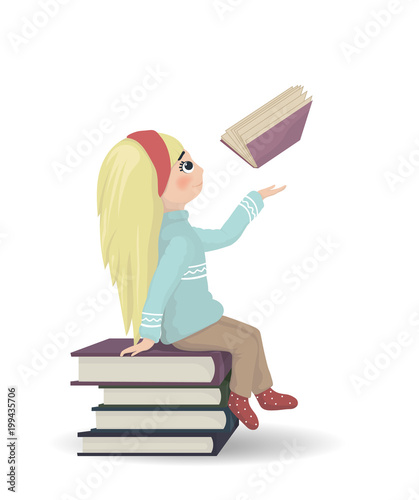 Girl seating on a bunch of books Vector. knowledge and reading symbols