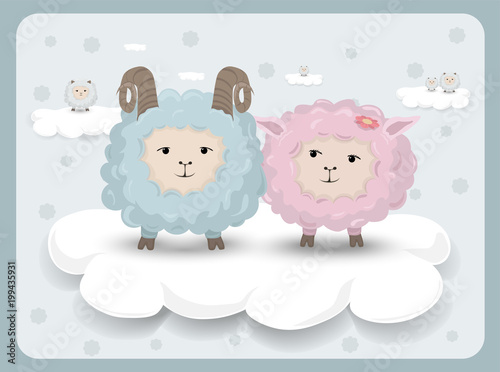 Happy Easter card with sheep couple Vector. Holiday backgrounds