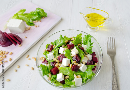 Salad Beetroot, Feta cheese and Lettuce leaves with Pine nuts