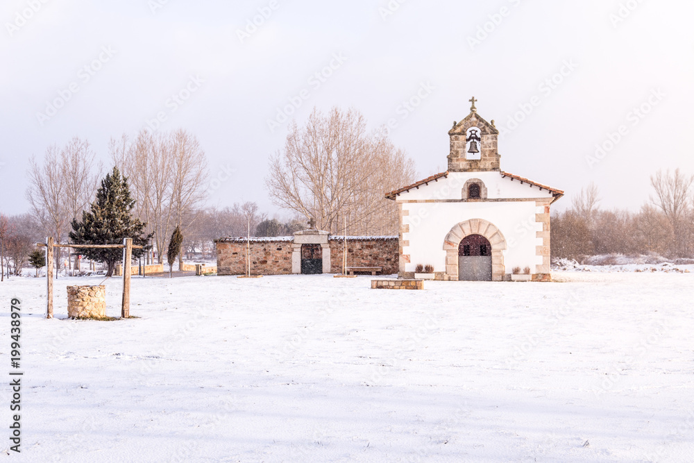 Snowy landscape in village of Ontanilla village of Soria Spain