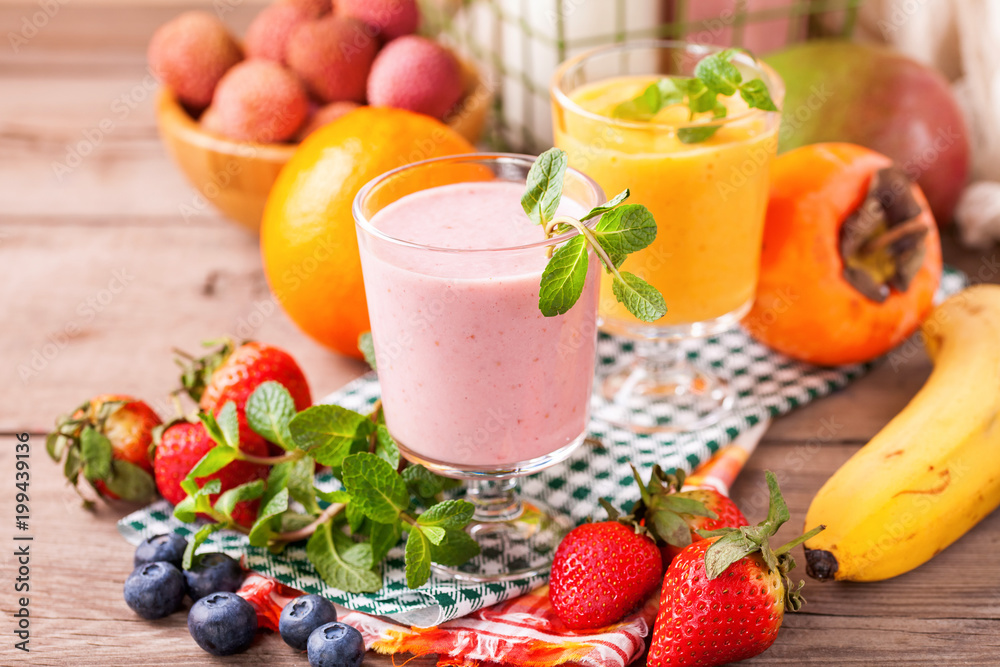 Blueberry smoothie and fruits. Selective focus. Copy space. Top view Blueberry smoothie and fruits. Selective focus. Copy space. Top view