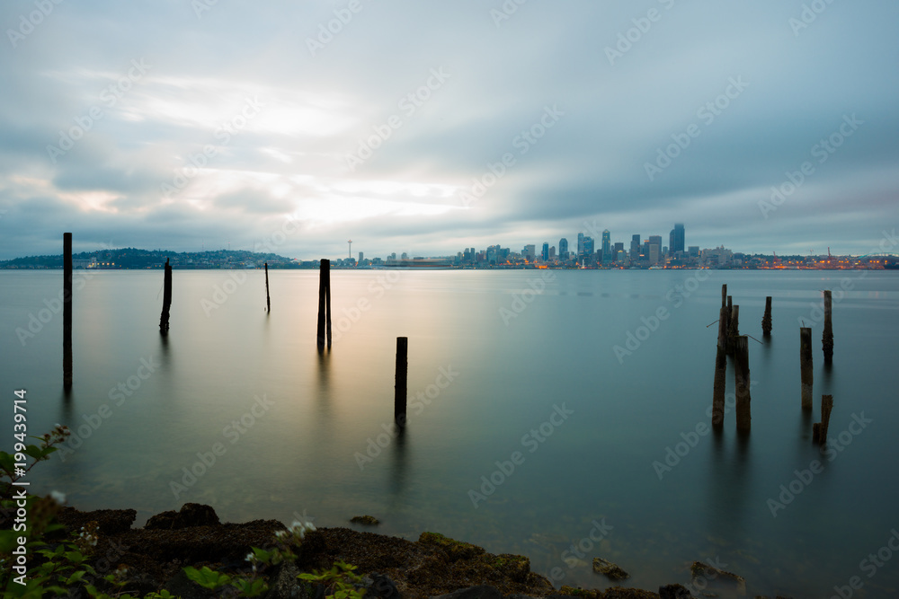 Puget Sound and city skyline of Seattle in the mist of the early morning, Washington State, USA