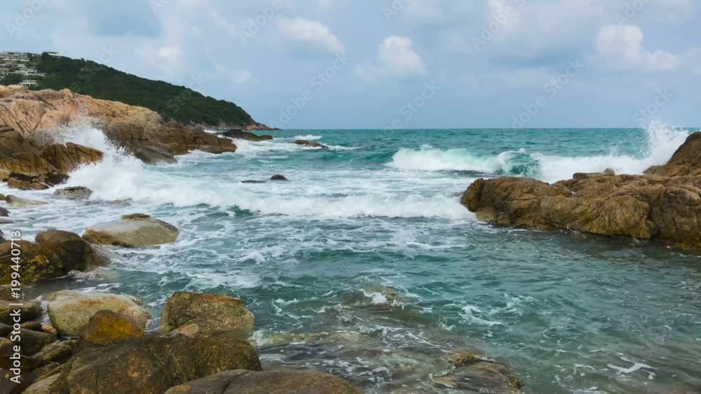 Beautiful Azure Sea Surf with Breathtaking Waves and Stone Rock. Thailand, Ko Samui. Beautiful Azure Sea Surf with Breathtaking Waves and Stone Rock. Thailand, Ko Samui.