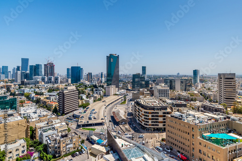 Rooftop view of Tel Aviv center.. Old houses and modern skyscrapers.