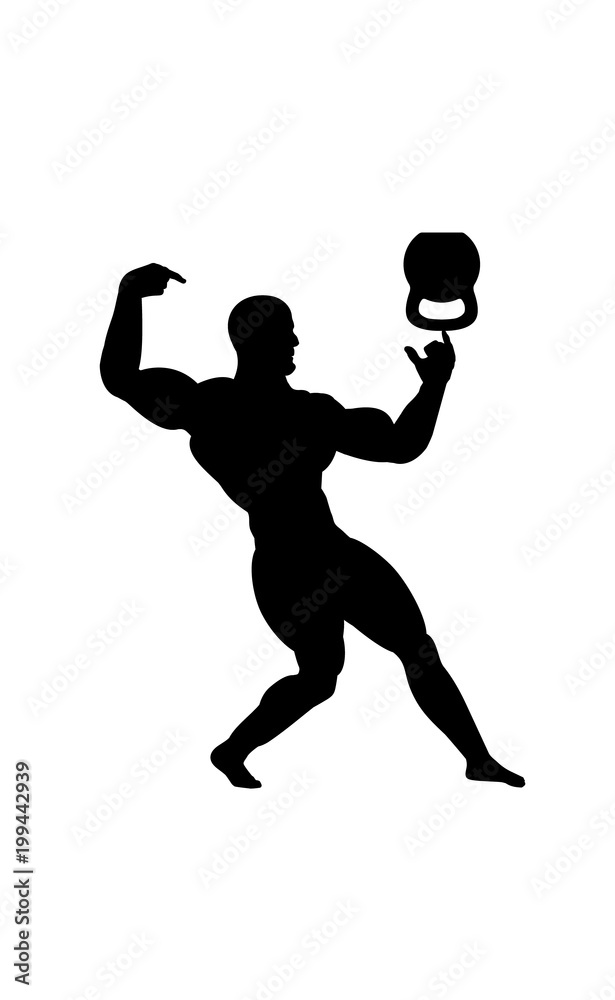 Figure of a posing bodybuilder athlete showing his muscles and trick balance kettlebell. Vector illustration
