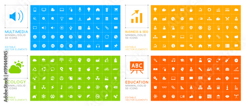 Set of 200 Universal Icons ( Business , Multimedia , Ecology and Education ) on Color Background . Isolated Elements