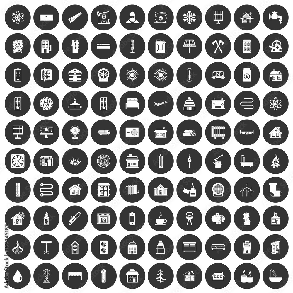 100 heating icons set black circle 100 heating icons set black circle