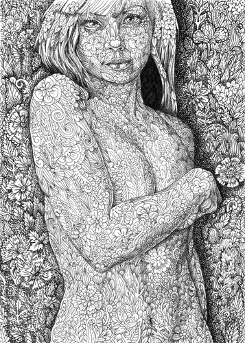 Surrealistic girl with a vegetable pattern in the style of dudling