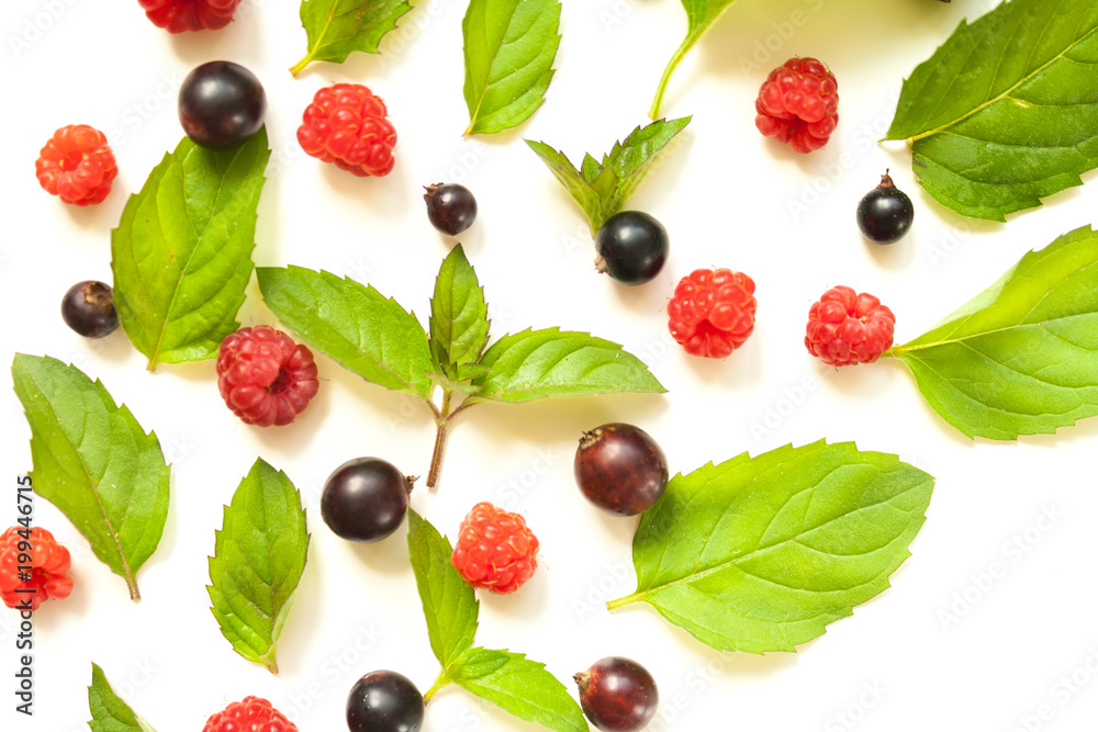 trendy pattern with raspberries and mint and blackcurrant like background trendy pattern with raspberries and mint and blackcurrant like background