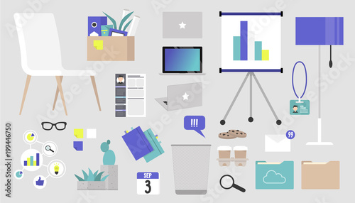 Office supply sticker pack. Office furniture, electronics and accessories set: white chair, floor lamp, laptop in three points of view, stationery, decorative elements and icons