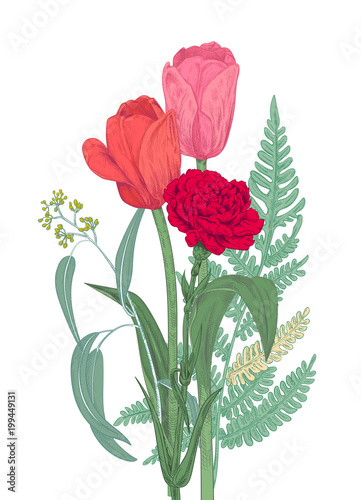 Bouquet of flowers and greenery: red, pink, yellow carnation, tulips, green l...