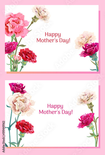 Set of templates for Mother's Day: carnation schabaud: red, pink, white flowers, green leaves, horizontal frame, white background, hand draw, vintage botanical illustration, vector, A4