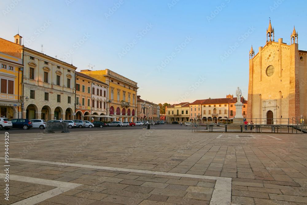 Montagnana, Italy - August 25, 2017: Cathedral of Piazza Vittorio Emanuele 2.