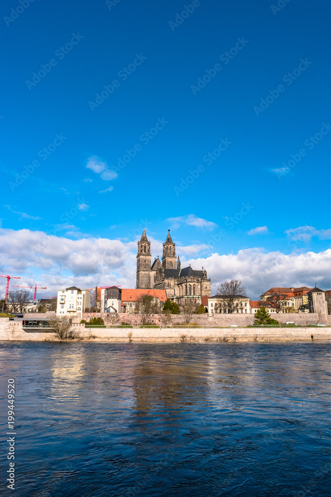View of Magdeburg Cathedral and Elbe river from another side, Magdeburg, Germany