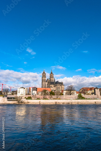View of Magdeburg Cathedral and Elbe river from another side, Magdeburg, Germany